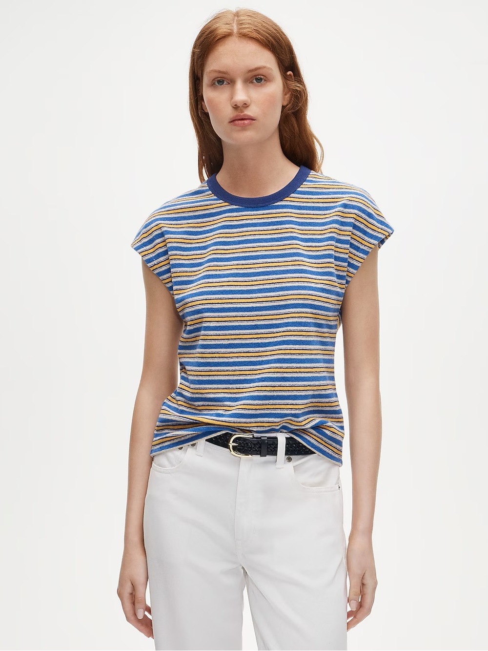 J. Crew Blue and Yellow Striped Crewneck Tee